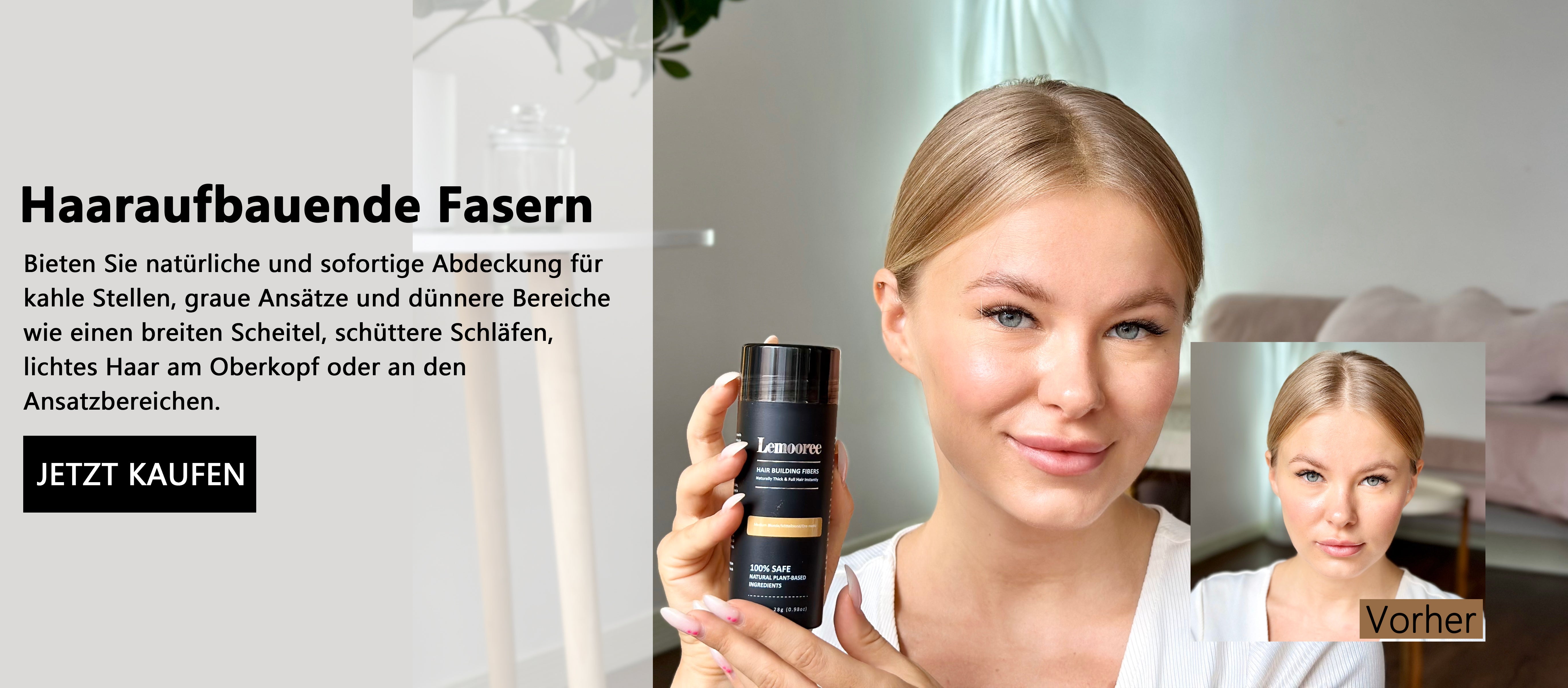 Vorher Nachher Vergleichsbilder der Verwendung von Lemooree Hair Building Fasern