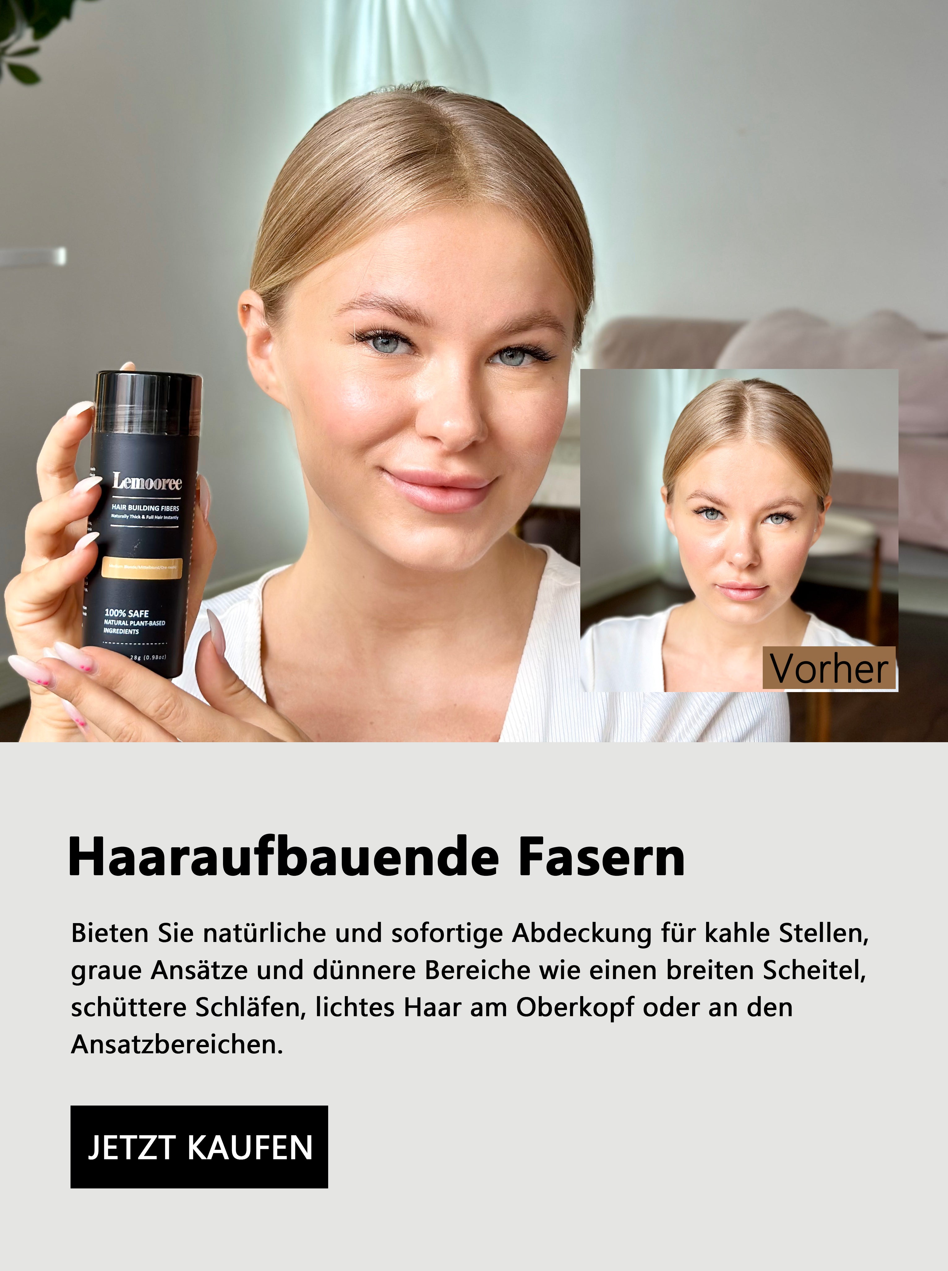 Vorher Nachher Vergleichsbilder der Verwendung von Lemooree Hair Building Fasern